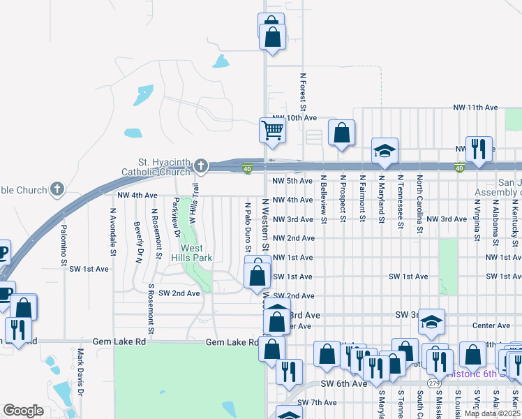map of restaurants, bars, coffee shops, grocery stores, and more near 305 North Western Street in Amarillo