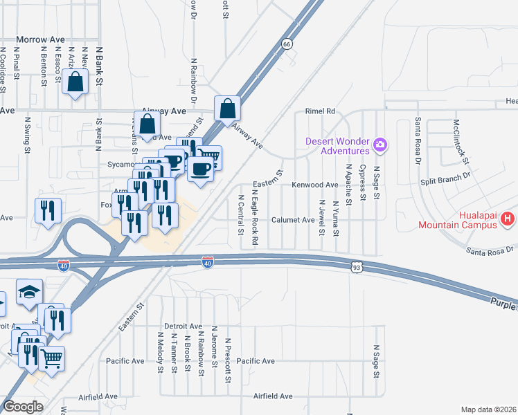 map of restaurants, bars, coffee shops, grocery stores, and more near 3290 North Eagle Rock Road in Kingman