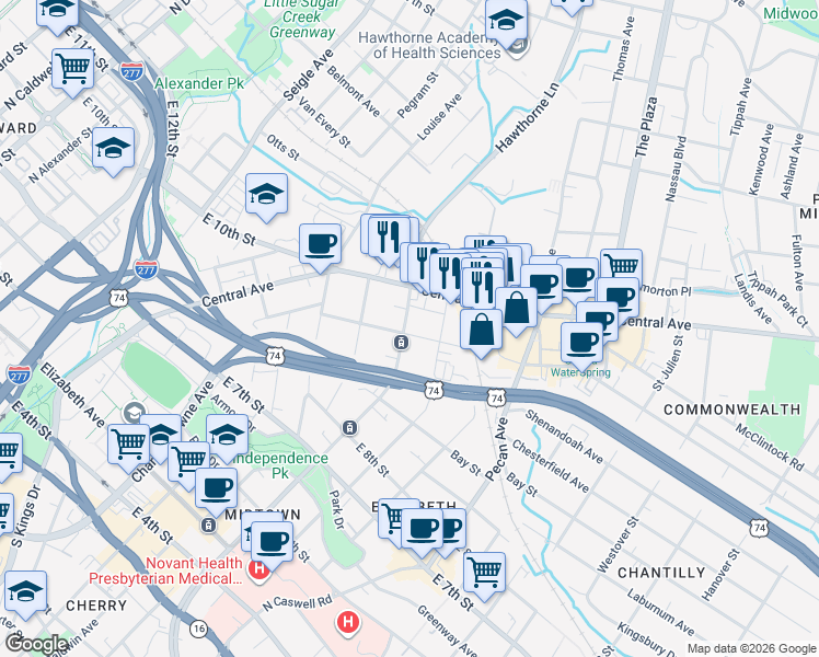map of restaurants, bars, coffee shops, grocery stores, and more near 808 Hawthorne Lane in Charlotte