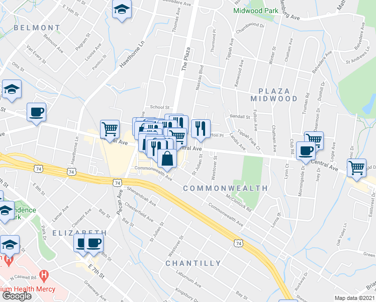 map of restaurants, bars, coffee shops, grocery stores, and more near 1720 Central Avenue in Charlotte