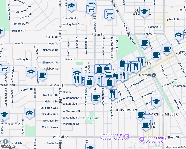map of restaurants, bars, coffee shops, grocery stores, and more near 218 North Flood Avenue in Norman
