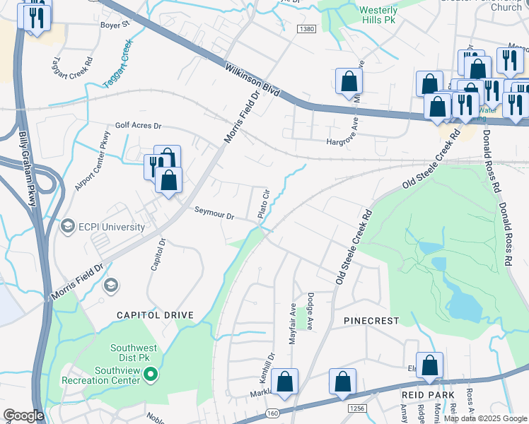 map of restaurants, bars, coffee shops, grocery stores, and more near 4016 Plato Circle in Charlotte