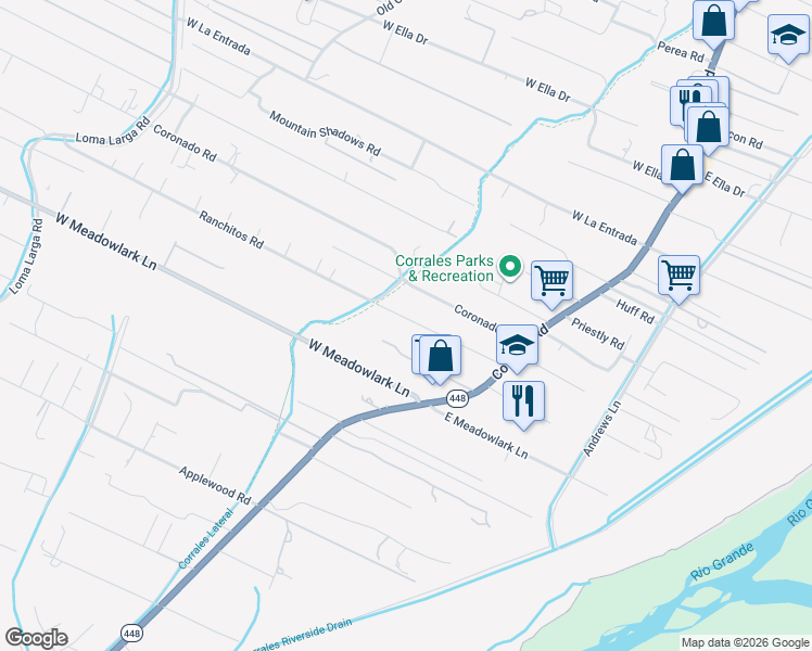 map of restaurants, bars, coffee shops, grocery stores, and more near 78 Devon John Lane in Corrales