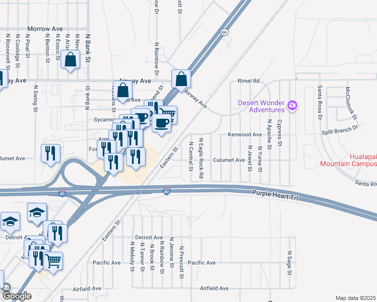 map of restaurants, bars, coffee shops, grocery stores, and more near 3301 North Central Street in Kingman