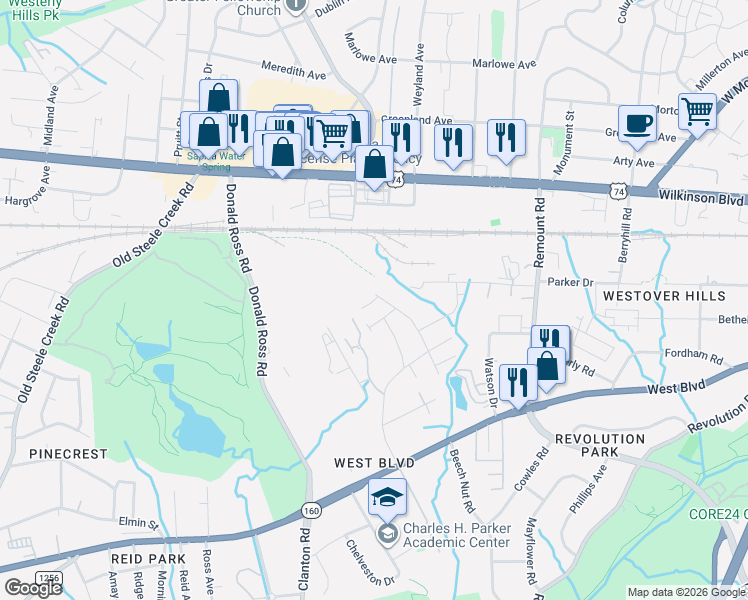 map of restaurants, bars, coffee shops, grocery stores, and more near 2620 Mimosa Ridge Court in Charlotte