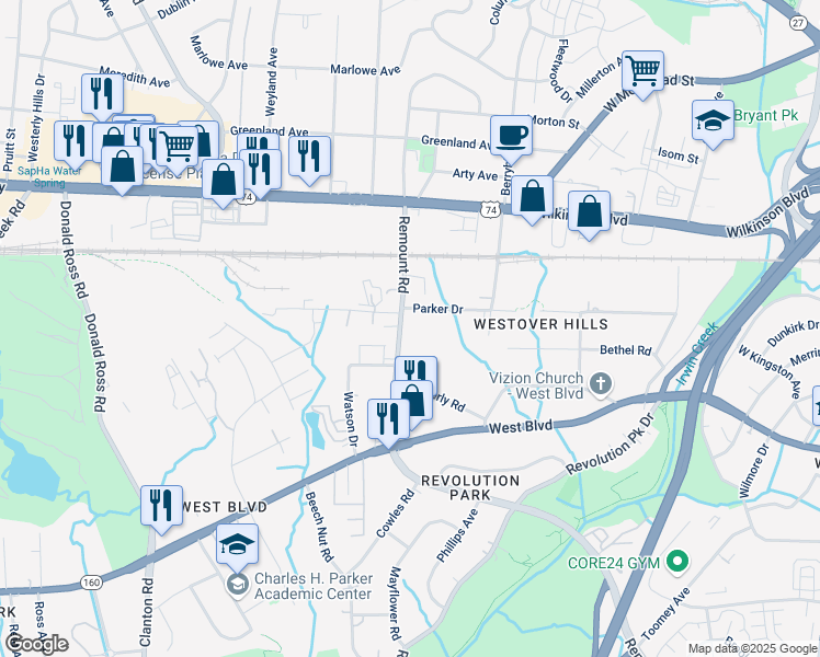 map of restaurants, bars, coffee shops, grocery stores, and more near 1838 Remount Road in Charlotte