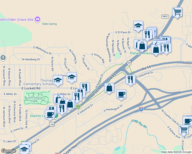 map of restaurants, bars, coffee shops, grocery stores, and more near 3887 East Jacamar Drive in Flagstaff