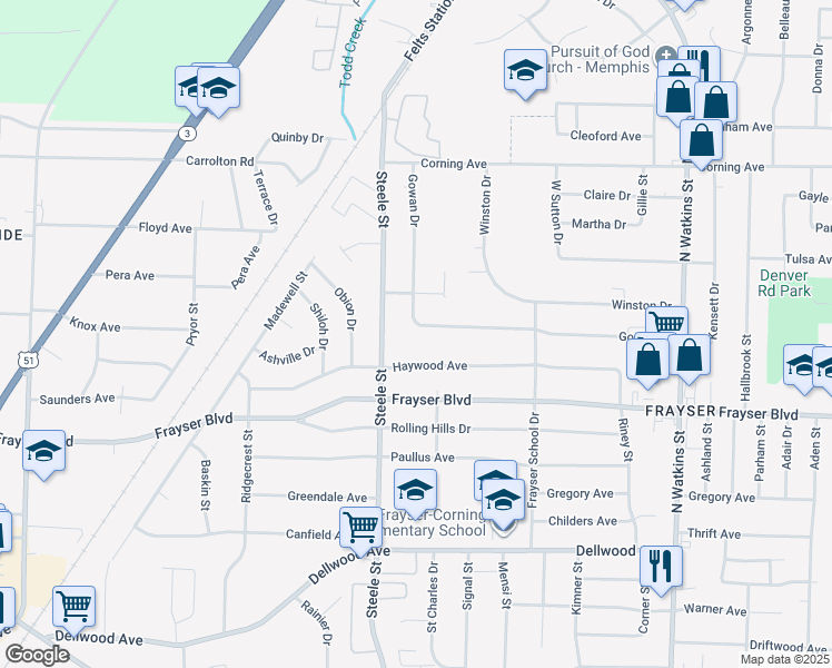 map of restaurants, bars, coffee shops, grocery stores, and more near 1497 Gowan Drive in Memphis
