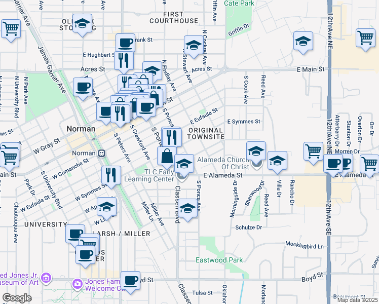 map of restaurants, bars, coffee shops, grocery stores, and more near 427 S Ponca Ave in Norman