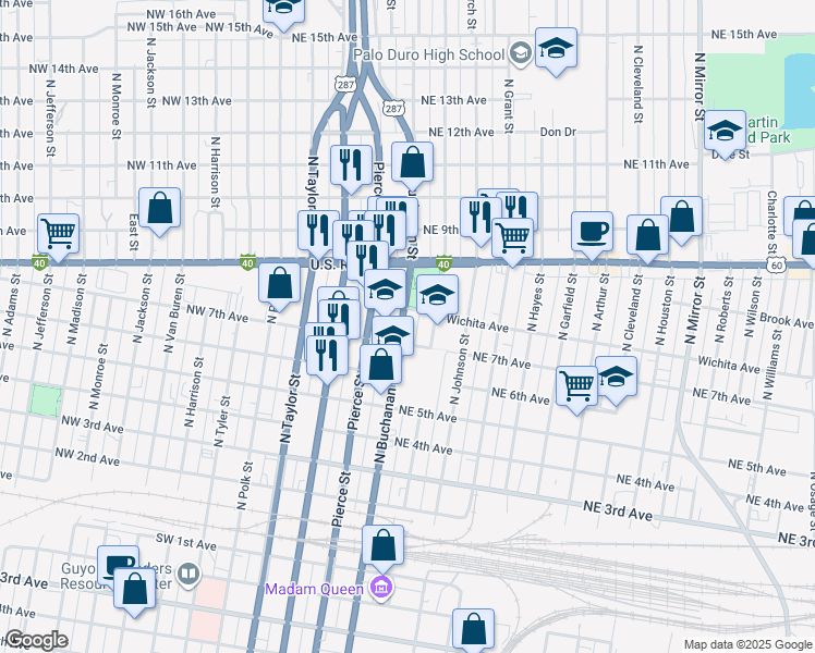 map of restaurants, bars, coffee shops, grocery stores, and more near 706 North Buchanan Street in Amarillo