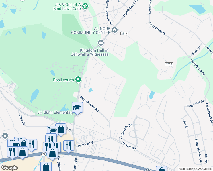 map of restaurants, bars, coffee shops, grocery stores, and more near 7617 Gwynne Hill Road in Charlotte
