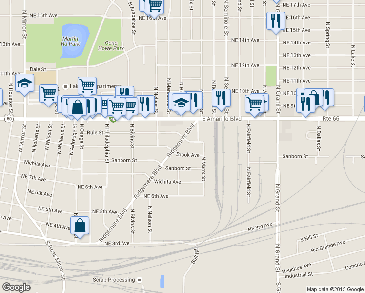 map of restaurants, bars, coffee shops, grocery stores, and more near 2908 Ridgemere Blvd in Amarillo