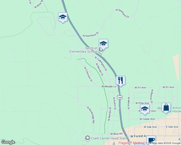 map of restaurants, bars, coffee shops, grocery stores, and more near 1990 North Meteor Drive in Flagstaff