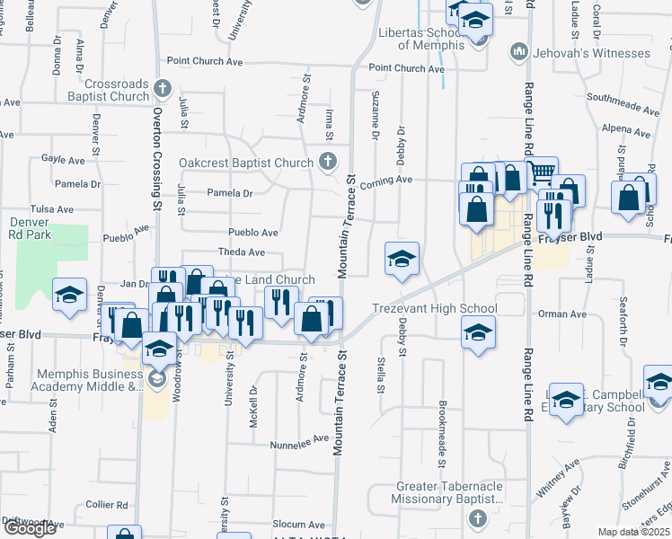 map of restaurants, bars, coffee shops, grocery stores, and more near 3461 Mountain Terrace Street in Memphis