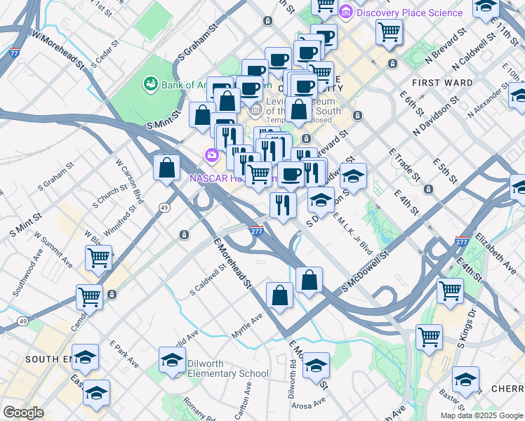 map of restaurants, bars, coffee shops, grocery stores, and more near 450 East Stonewall Street in Charlotte
