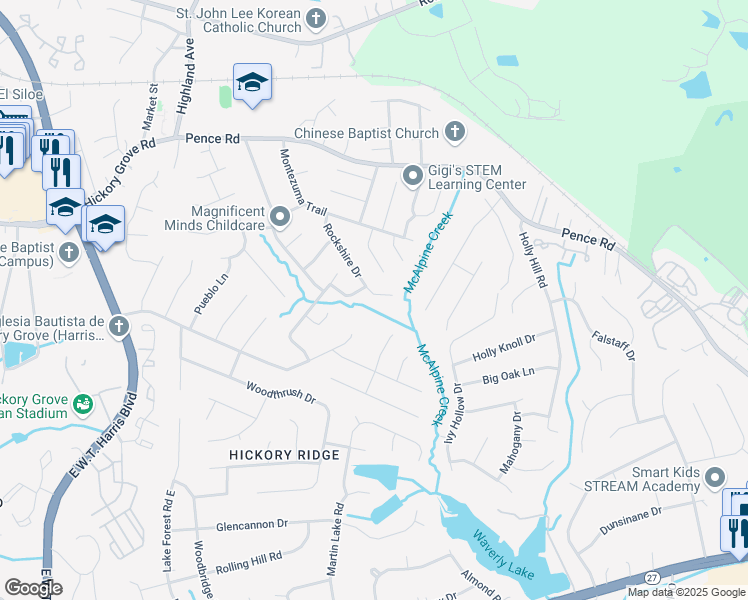 map of restaurants, bars, coffee shops, grocery stores, and more near 6227 Rockshire Drive in Charlotte