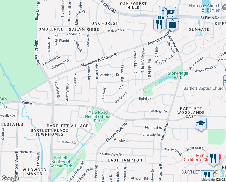 map of restaurants, bars, coffee shops, grocery stores, and more near 3452 Morning Light Cove in Memphis