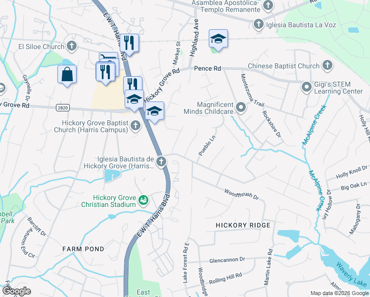 map of restaurants, bars, coffee shops, grocery stores, and more near 6615 Woodwedge Drive in Charlotte