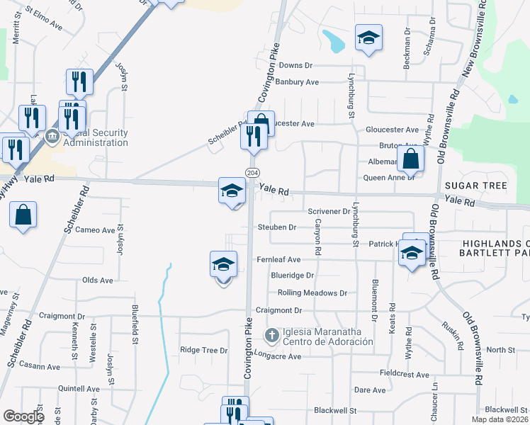 map of restaurants, bars, coffee shops, grocery stores, and more near 3453 Gatewood Drive in Memphis
