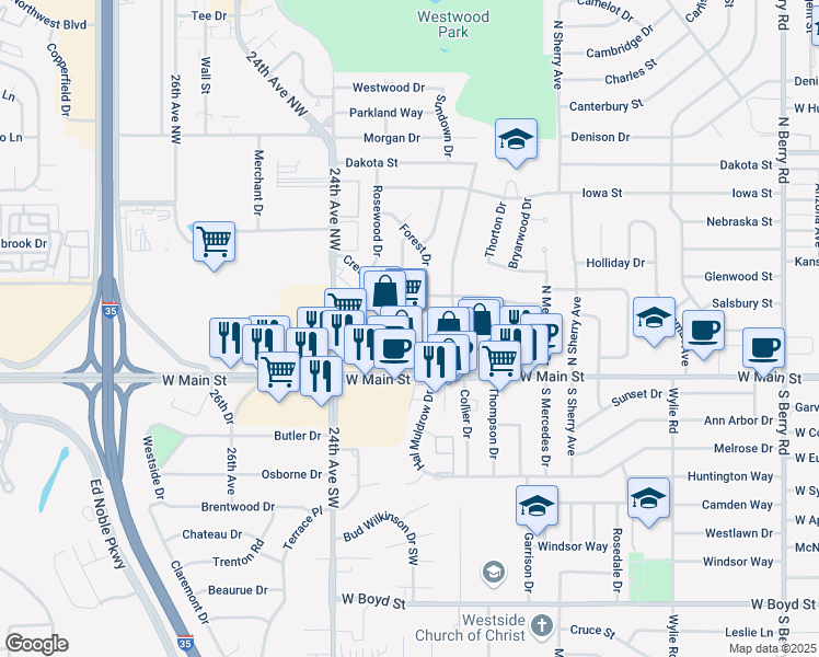 map of restaurants, bars, coffee shops, grocery stores, and more near 2203 West Main Street in Norman