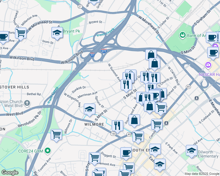 map of restaurants, bars, coffee shops, grocery stores, and more near 1541 Merriman Avenue in Charlotte