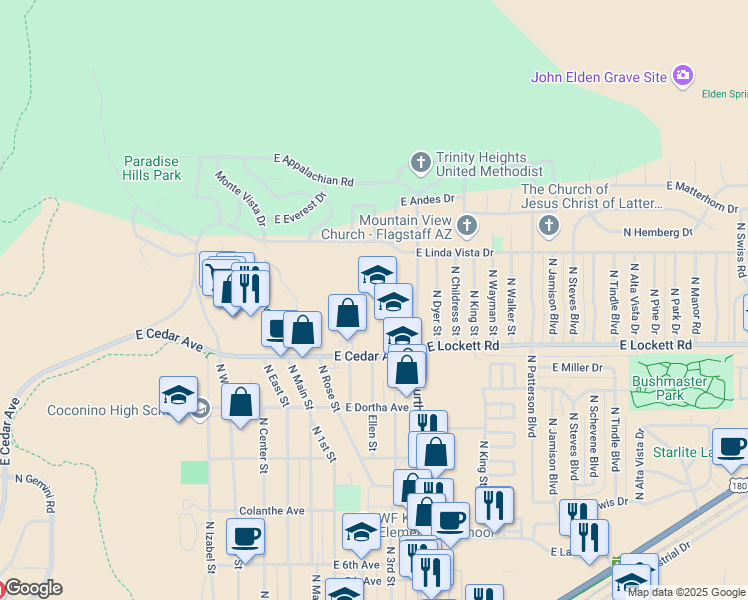 map of restaurants, bars, coffee shops, grocery stores, and more near 3401 North 4th Street in Flagstaff