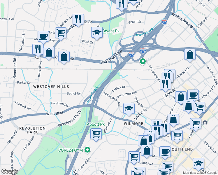 map of restaurants, bars, coffee shops, grocery stores, and more near 1013 Spruce Street in Charlotte