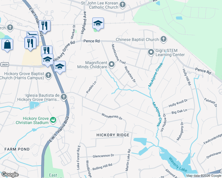 map of restaurants, bars, coffee shops, grocery stores, and more near 6609 Accrington Court in Charlotte