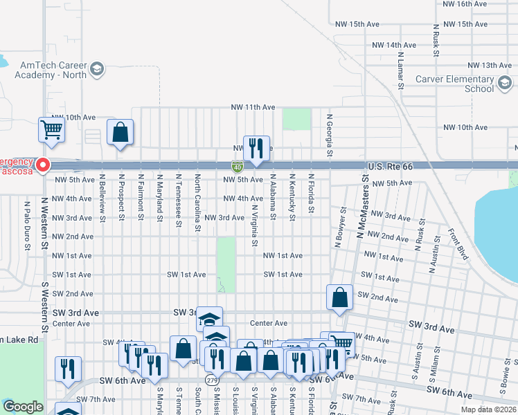 map of restaurants, bars, coffee shops, grocery stores, and more near 306 N Virginia St in Amarillo