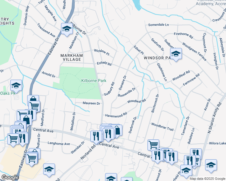 map of restaurants, bars, coffee shops, grocery stores, and more near 3100 Sudbury Road in Charlotte