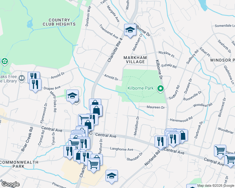 map of restaurants, bars, coffee shops, grocery stores, and more near 2801 Temple Lane in Charlotte