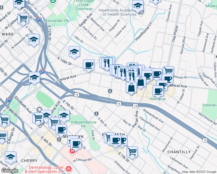map of restaurants, bars, coffee shops, grocery stores, and more near in Charlotte