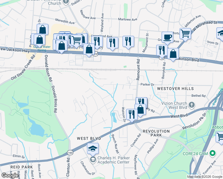 map of restaurants, bars, coffee shops, grocery stores, and more near 1405 Diamond Grove Lane in Charlotte