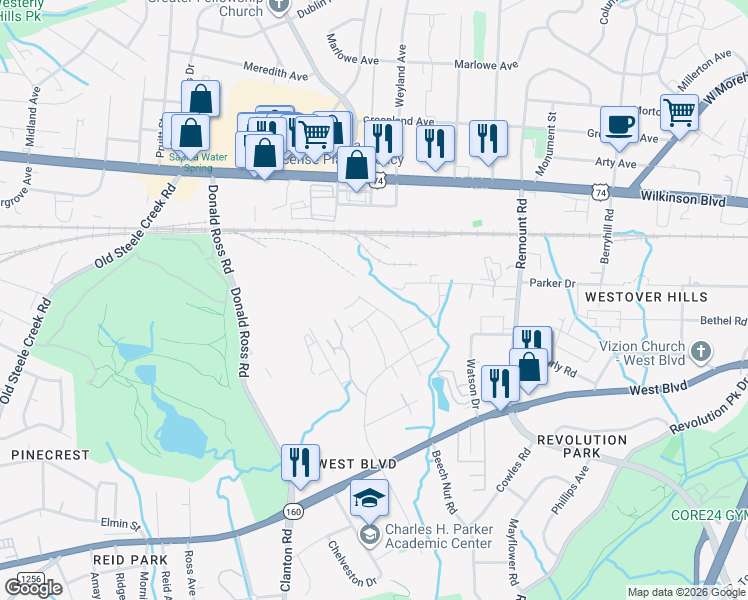 map of restaurants, bars, coffee shops, grocery stores, and more near 2532 Doctor Carver Road in Charlotte