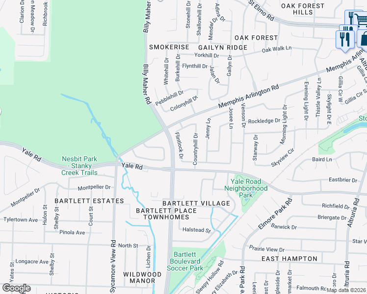 map of restaurants, bars, coffee shops, grocery stores, and more near 3452 Flintlock Drive in Memphis