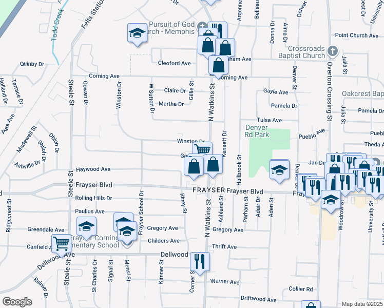 map of restaurants, bars, coffee shops, grocery stores, and more near 1774 Gowan Drive in Memphis