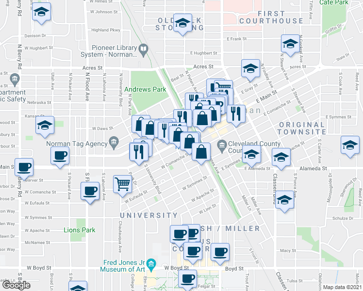 map of restaurants, bars, coffee shops, grocery stores, and more near 118 West Main Street in Norman