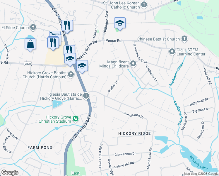 map of restaurants, bars, coffee shops, grocery stores, and more near 6625 Pueblo Lane in Charlotte