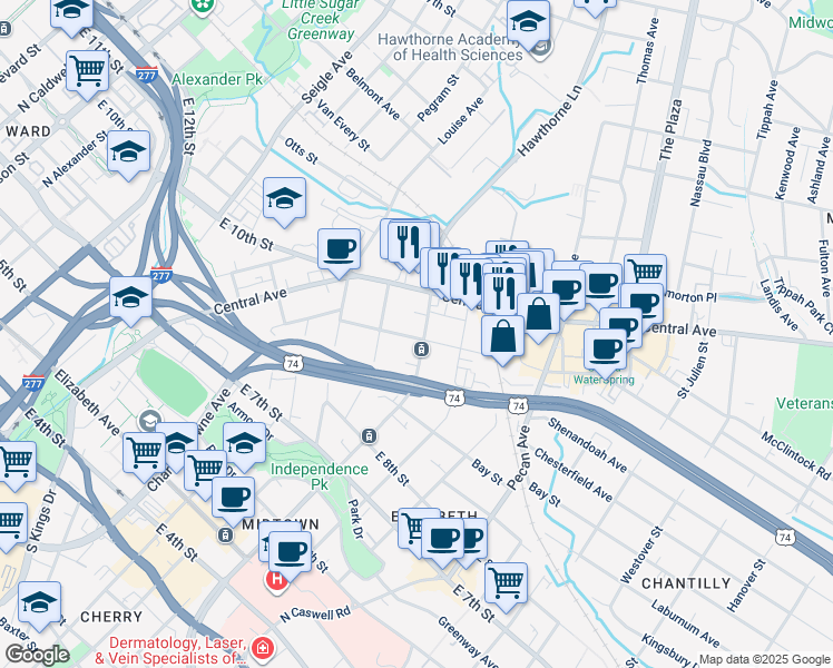 map of restaurants, bars, coffee shops, grocery stores, and more near in Charlotte