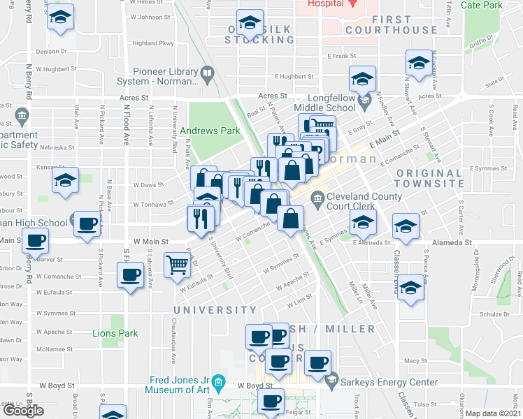 map of restaurants, bars, coffee shops, grocery stores, and more near 124 West Main Street in Norman