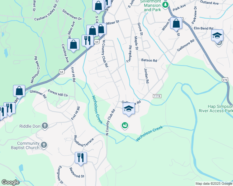 map of restaurants, bars, coffee shops, grocery stores, and more near 444 North Country Club Road in Brevard