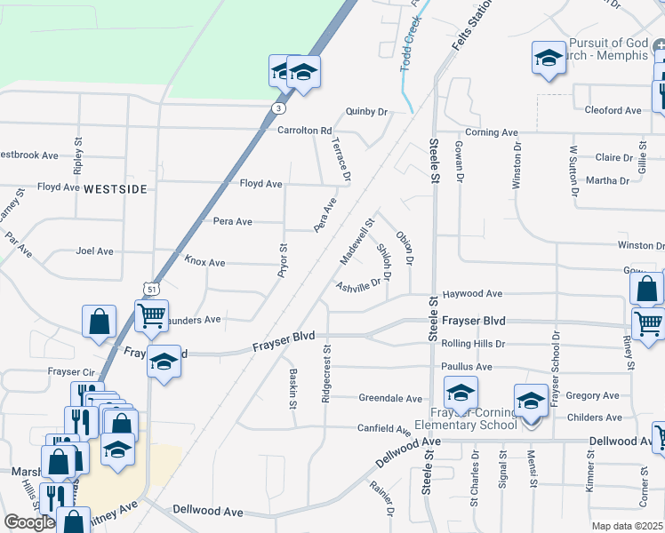 map of restaurants, bars, coffee shops, grocery stores, and more near 3457 Madewell Street in Memphis