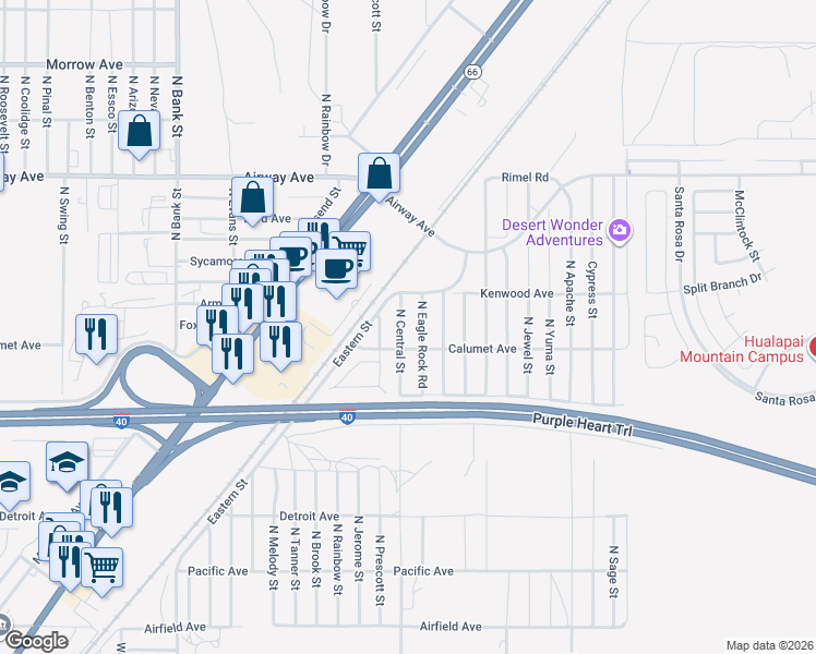 map of restaurants, bars, coffee shops, grocery stores, and more near 3301 North Central Street in Kingman
