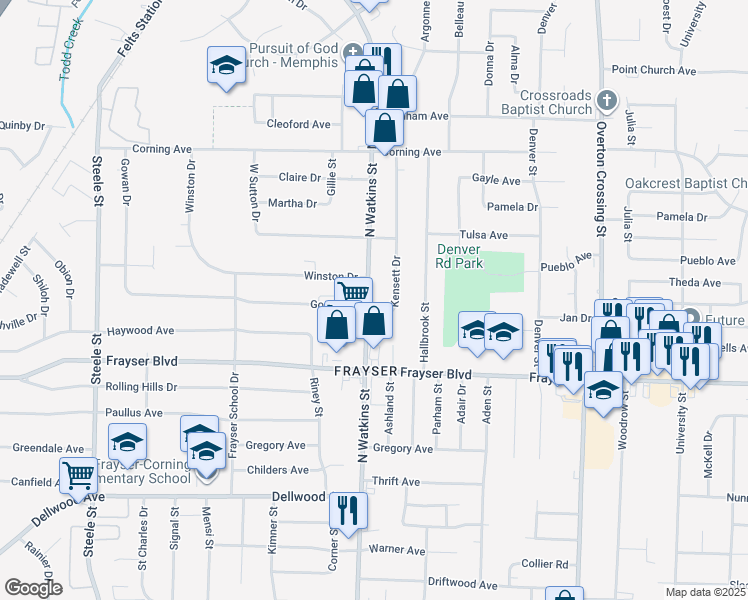 map of restaurants, bars, coffee shops, grocery stores, and more near 3458 North Watkins Street in Memphis