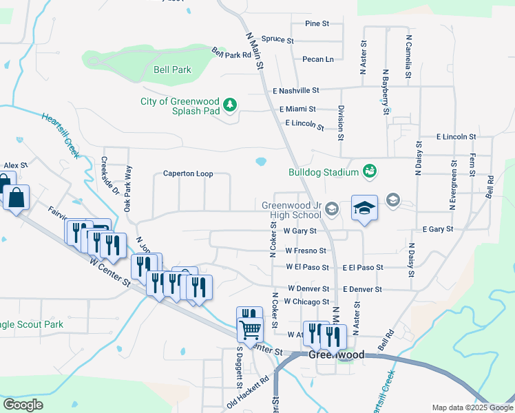 map of restaurants, bars, coffee shops, grocery stores, and more near 601 North Coker Street in Greenwood