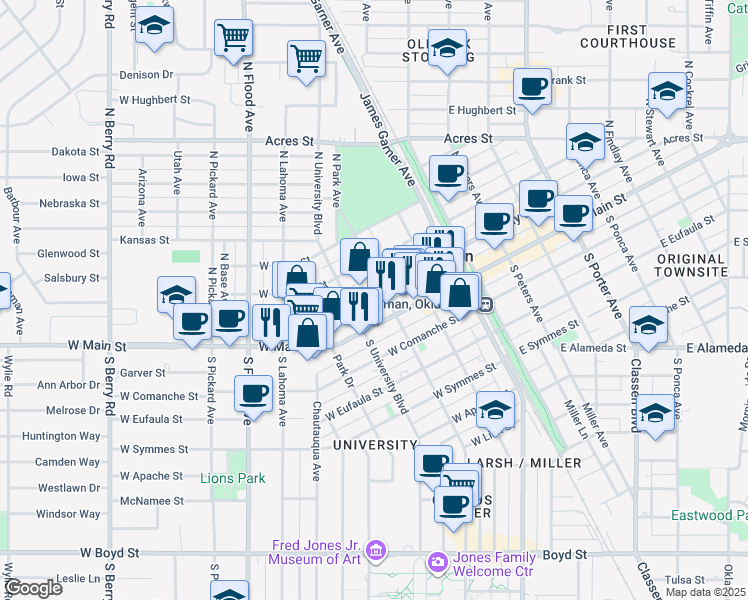 map of restaurants, bars, coffee shops, grocery stores, and more near 300 West Gray Street in Norman