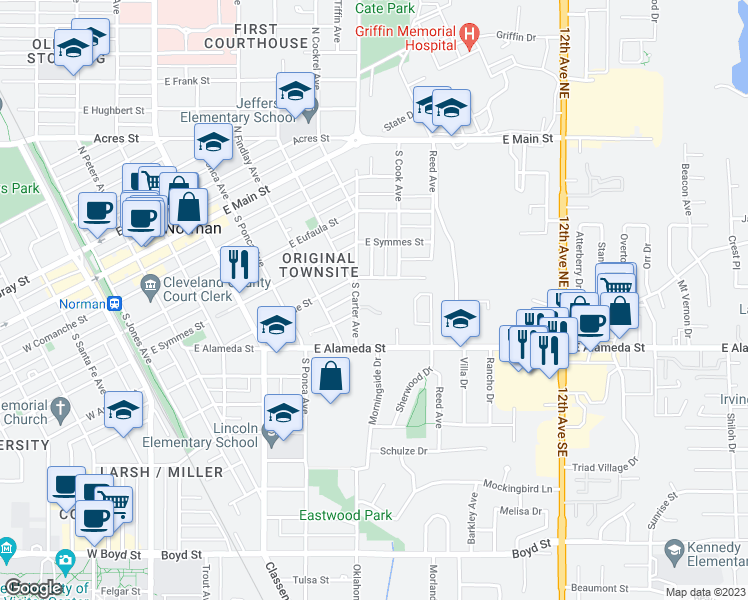 map of restaurants, bars, coffee shops, grocery stores, and more near 523 South Carter Avenue in Norman