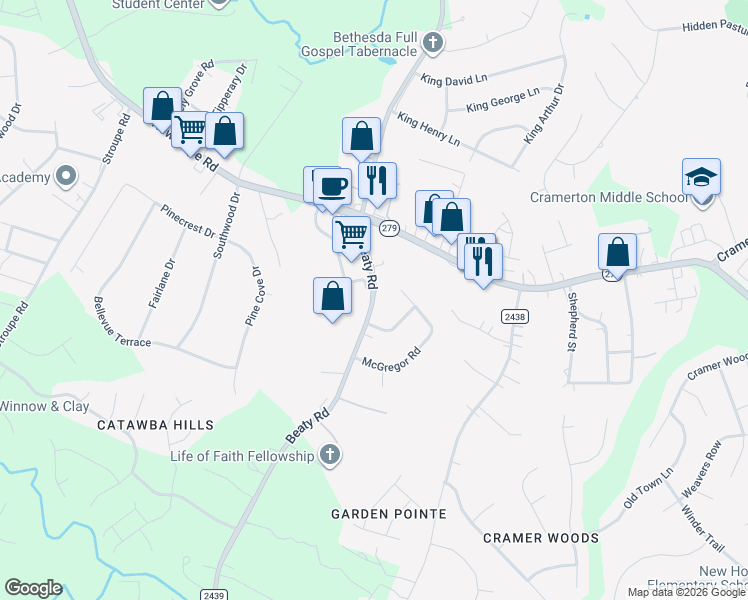 map of restaurants, bars, coffee shops, grocery stores, and more near 2606 Beaty Road in Gastonia