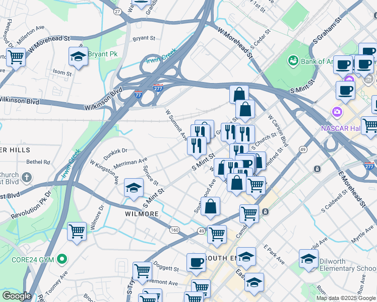 map of restaurants, bars, coffee shops, grocery stores, and more near 511 West Summit Avenue in Charlotte