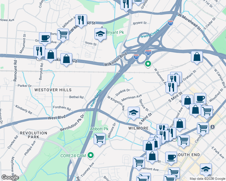 map of restaurants, bars, coffee shops, grocery stores, and more near 1013 Spruce Street in Charlotte